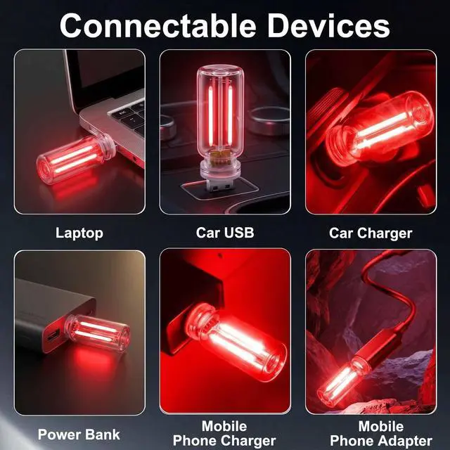 Alt view image 5 of 7 - 2 PCS Car USB Night Light Bulb, USB Touch Light for Cars, Car Lights Interior, Portable Mini Glass Bottle LED Bulb Night Lights for Vehicle Bedroom Hallway Camping Holiday Decoration (Red)