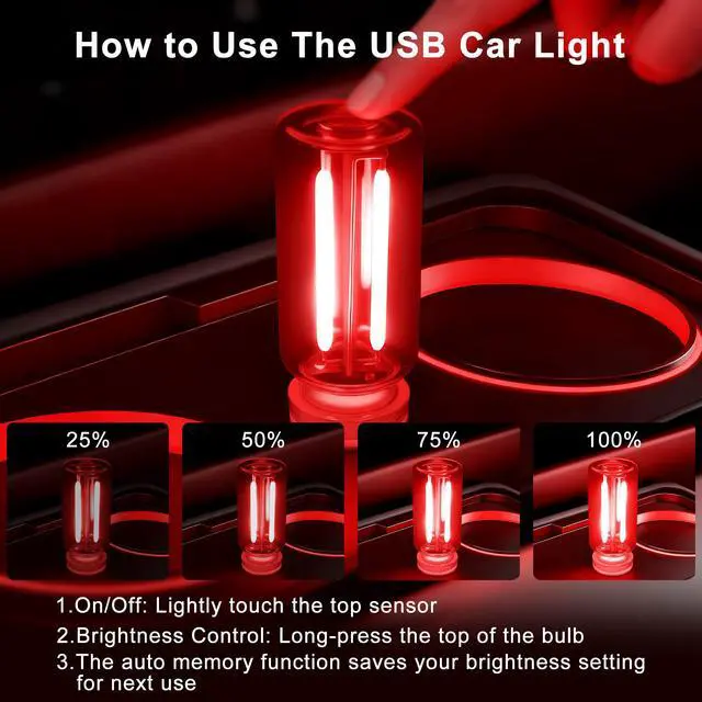 Alt view image 4 of 7 - 2 Packs USB Light for Car, Touch Dimmable Car Interior Ambient Lights - Portable Mini USB LED Light Bulb, Retro Glass Bottle Night Light for Vehicle, Bedroom, Hallway, Camping (Red)