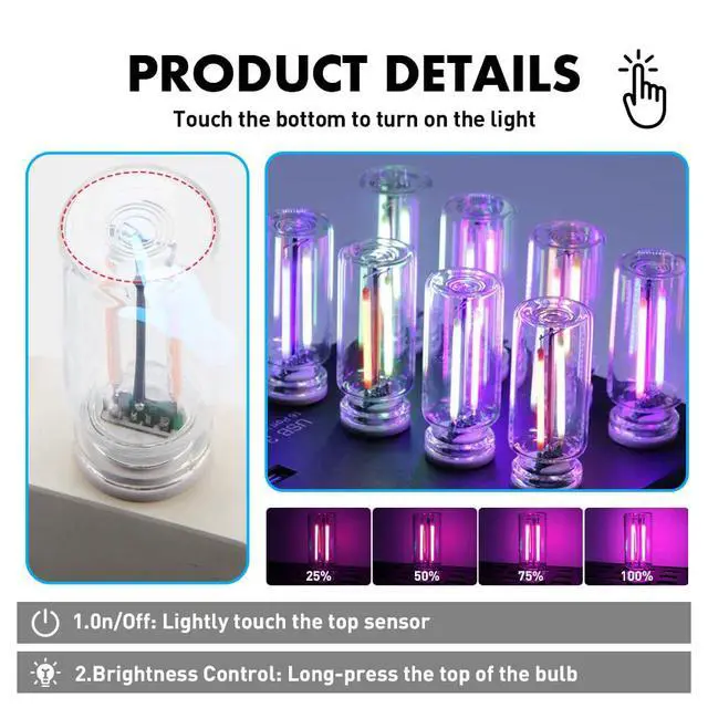 Alt view image 3 of 7 - 2Pcs Car USB Night Lights, Touch Control Car Interior Ambiance Lights Portable Mini Glass Bottle LED Bulb Night Lights Suitable for Vehicles, Bedrooms, Camping, and Holiday DecorationsPurple