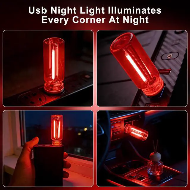 Alt view image 2 of 7 - 2 Packs USB Light for Car, Touch Dimmable Car Interior Ambient Lights - Portable Mini USB LED Light Bulb, Retro Glass Bottle Night Light for Vehicle, Bedroom, Hallway, Camping (Red)