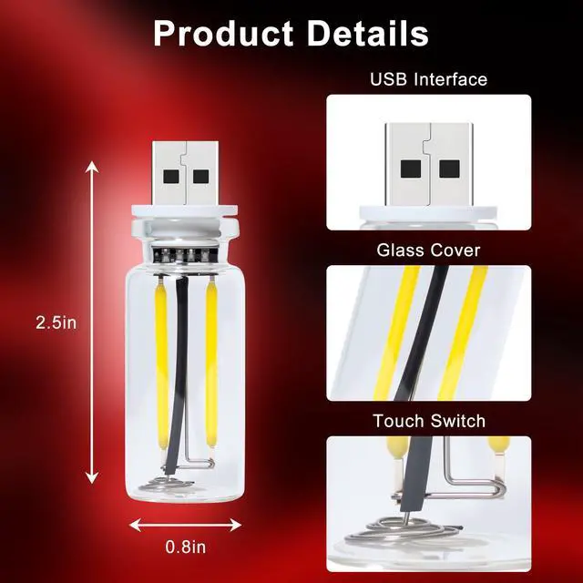 Alt view image 5 of 7 - 2 Packs USB Light for Car, Touch Dimmable Car Interior Ambient Lights - Portable Mini USB LED Light Bulb, Retro Glass Bottle Night Light for Vehicle, Bedroom, Hallway, Camping (Red)