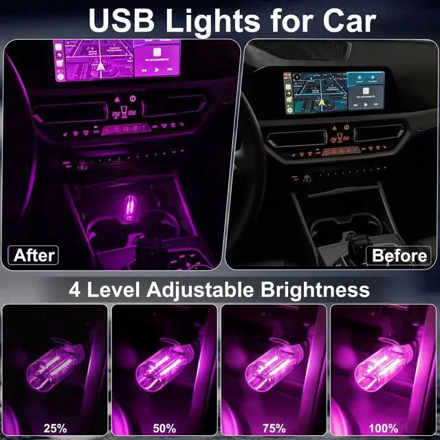 Alt view image 3 of 7 - 2 PCS Car USB Lights, Plug-in Retro Car Atmosphere Lamp with Touch Dimmable, Portable Mini Glass Bottle LED Bulb Night Lights for Vehicle Bedroom Hallway Camping Holiday Decoration (Purple)