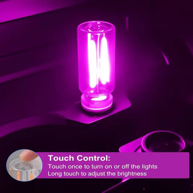Alt view image 4 of 7 - 2 PCS Car USB Lights, Plug-in Retro Car Atmosphere Lamp with Touch Dimmable, Portable Mini Glass Bottle LED Bulb Night Lights for Vehicle Bedroom Hallway Camping Holiday Decoration (Purple)