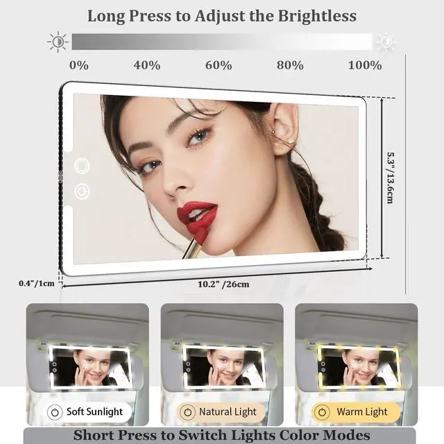 Alt view image 3 of 7 - Led Car Sun Visor Vanity Mirror, Large Interior Mirrors with Lights, Dimmable Light up Vanity Makeup Mirror for Car,Rechargeable Rearview Mirrors for Sun Visor (White)