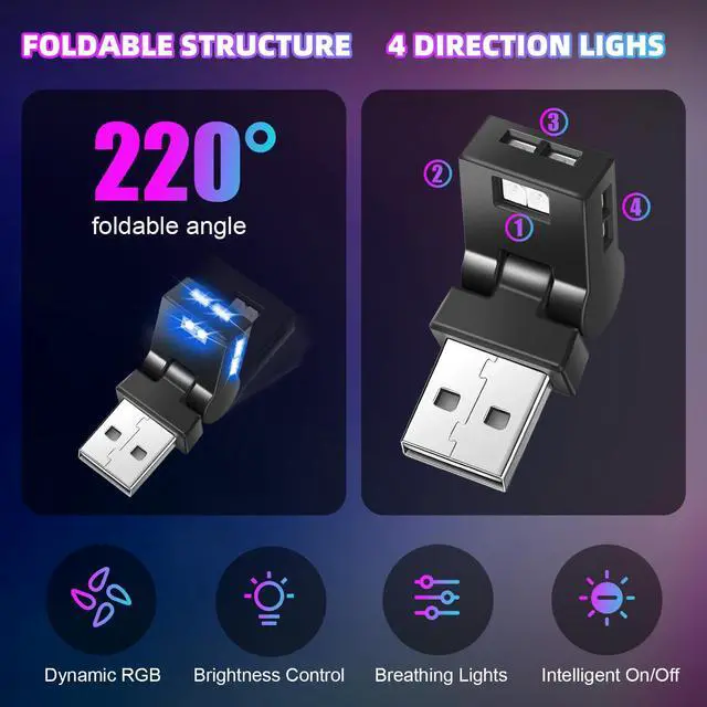 Alt view image 3 of 6 - 2 Pcs Mini USB LED Light Car LED Interior Lighting 5v RGB Foldable Ambient Lighting Adjustable 8 Color and Brightness Smart USB Night Lamp for Cars Laptop Keyboard (USB-A)