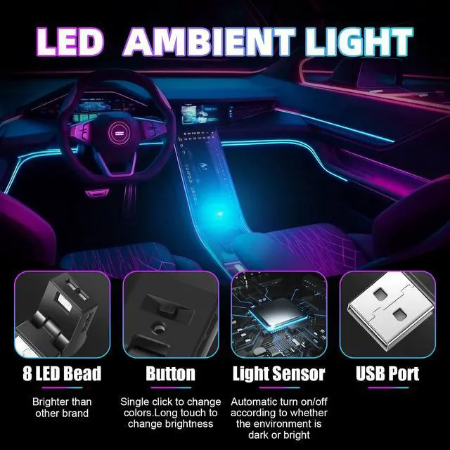 Alt view image 2 of 6 - 2 Pcs Mini USB LED Light Car LED Interior Lighting 5v RGB Foldable Ambient Lighting Adjustable 8 Color and Brightness Smart USB Night Lamp for Cars Laptop Keyboard (USB-A)