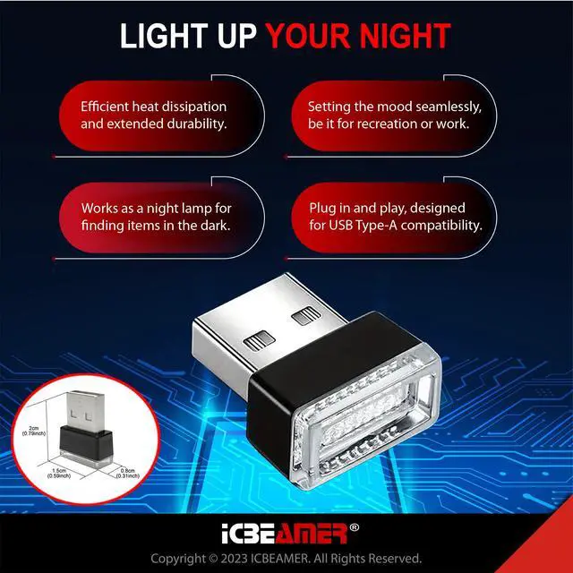 Alt view image 4 of 7 - Mini USB LED Light 1-Pack (Red) | Direct Plug-in Miniature/Nano Car Interior Ambient Accent Lighting Kit, Universal Fit for Auto Interior and Trunk