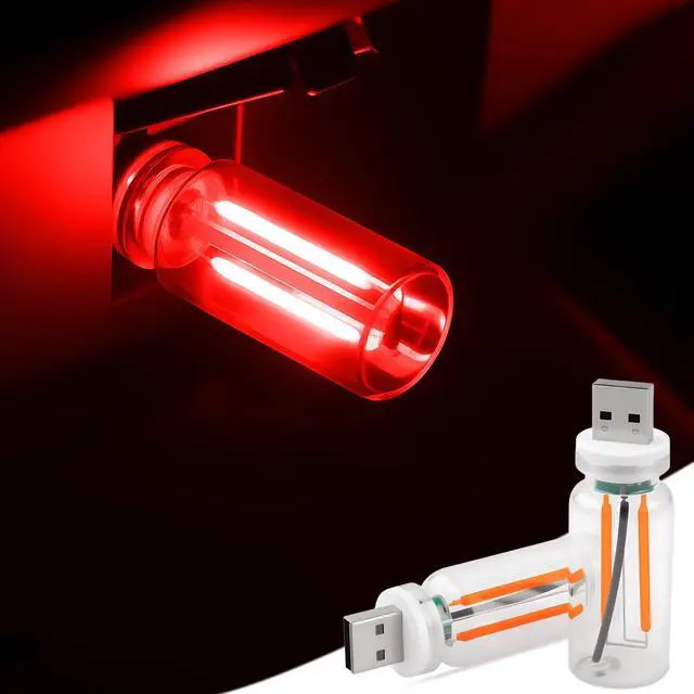 Main image of 2 PCS Car USB Lights, Plug-in Retro Car Atmosphere Lamp with Touch Dimmable, Portable Mini Glass Bottle LED Bulb Night Lights for Vehicle Bedroom Hallway Camping Holiday Decoration (Red)