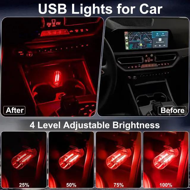 Alt view image 3 of 7 - 2 PCS Car USB Lights, Plug-in Retro Car Atmosphere Lamp with Touch Dimmable, Portable Mini Glass Bottle LED Bulb Night Lights for Vehicle Bedroom Hallway Camping Holiday Decoration (Red)