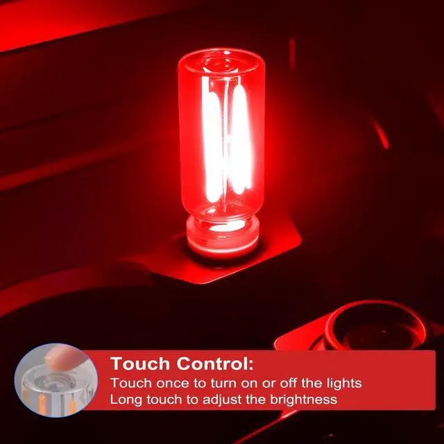 Alt view image 4 of 7 - 2 PCS Car USB Lights, Plug-in Retro Car Atmosphere Lamp with Touch Dimmable, Portable Mini Glass Bottle LED Bulb Night Lights for Vehicle Bedroom Hallway Camping Holiday Decoration (Red)