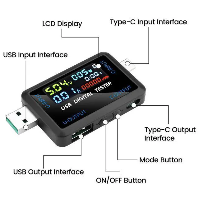 Alt view image 3 of 7 - USB and Type-C Tester - Multi-Functional Digital Tester for DC 4.5-36V, 0-8A Current and Voltage Meter, Supports Multiple Fast Charging Protocols