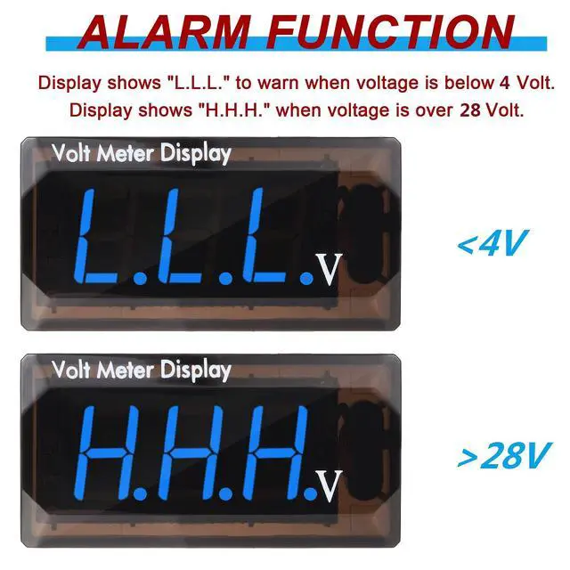 Alt view image 4 of 7 - 2 Pieces DC 4 to 28V Car Digital Voltmeter 12V Voltage Meter Car Audio Gauge LED Display 12V Waterproof Voltage Gauge Meter for Motorcycle(Blue Light)