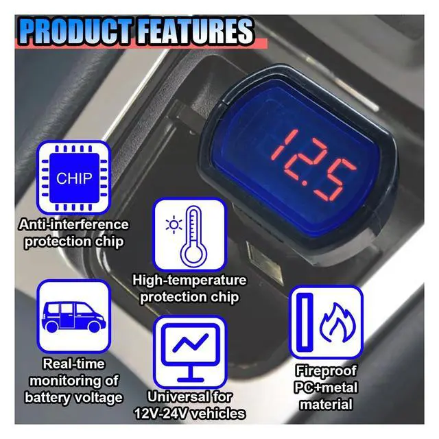 Alt view image 5 of 7 - Car LED Digital Voltmeter, DC 12V/24V Cigarette Lighter Voltage Meter, Volt Gauge Battery Monitor, Digital Voltage Display for Auto Car Truck