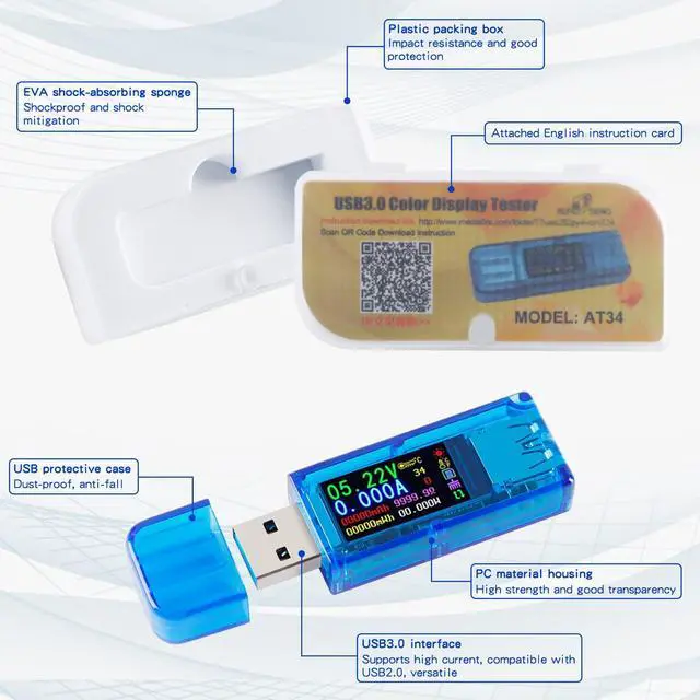 Alt view image 7 of 7 - AT34 Battery Tester USB 3.0 Voltage Tester IPS Color Display 3.7-30V Voltage Meter 0-4A AMP Meter Multifunctional Multimeter Support Charging Power Test for Multiple Devices with Shell