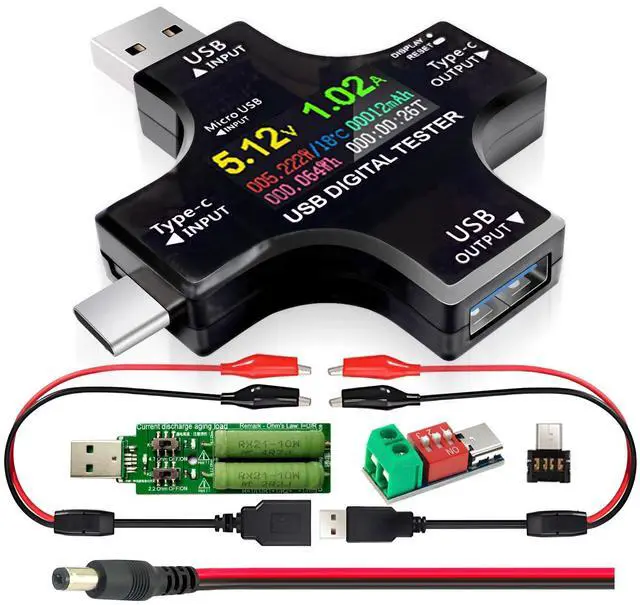 Main image of USB C Tester, 2 in 1 Type C USB Tester Color Screen IPS Digital Multimeter,Voltage,Current,Power,Resistance,Temperature,Capacity Detector,with Clip Cable Support PD2.0/PD3.0,QC2.0/QC3.0,BC1.2
