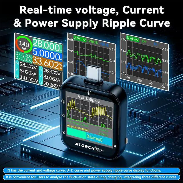 Alt view image 3 of 7 - T3 USB C Tester, Digital Power Meter, 4.5-50V Voltmeter Ammeter with 2.5D Touch Screen, PD QC VOOC Fast Charging Protocol Detector, Bluetooth Data Transfer & Power Ripple Tester-Black