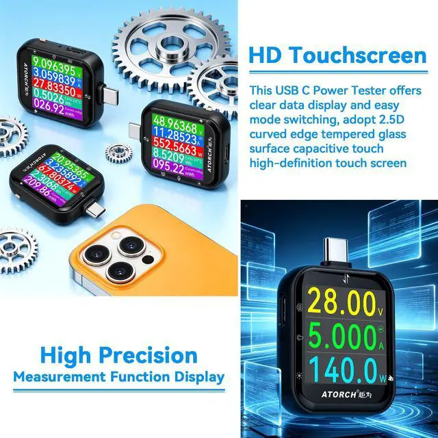 Alt view image 4 of 7 - T3 USB C Tester, Digital Power Meter, 4.5-50V Voltmeter Ammeter with 2.5D Touch Screen, PD QC VOOC Fast Charging Protocol Detector, Bluetooth Data Transfer & Power Ripple Tester-Black
