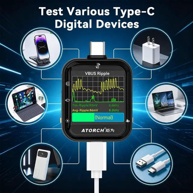 Alt view image 6 of 7 - T3 USB C Tester, Digital Power Meter, 4.5-50V Voltmeter Ammeter with 2.5D Touch Screen, PD QC VOOC Fast Charging Protocol Detector, Bluetooth Data Transfer & Power Ripple Tester-Black