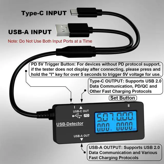 Alt view image 2 of 4 - Variable Backlight USB Tester, LCD Display USB C & A Multi Meter, Voltmeter Amp Power Meter Battery Capacity Tester Internal Resistance Battery Level Indicator for Laptop Tablet Phone Power Bank