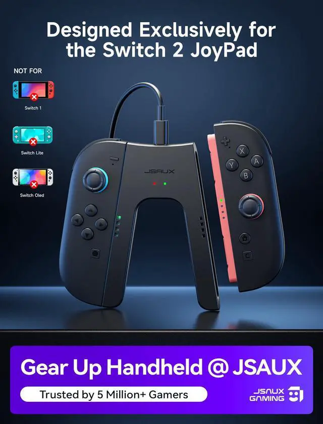 Alt view image 2 of 7 - Switch 2 Charging Grip for Nintendo Switch 2, Magnetic Grip Controller Compatible with Switch 2 JoyPads, Play While Charging with LED Indicator& 1.5m/4.9ft Charger Cable-Black