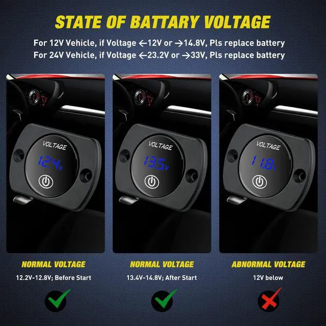 Alt view image 6 of 7 - 12V LED Display Voltmeter with Touch Switch Digital Voltage Gauge Panel Meter Waterproof Battery Monitor Board 8-48V for Marine Boat Car Automotive Motorcycle Golf Cart