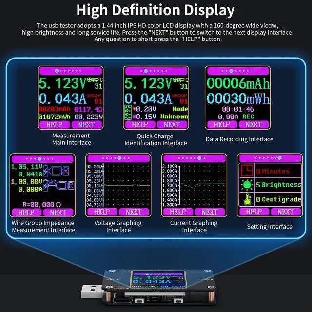 Alt view image 4 of 7 - USB Tester Meter USB C Voltage Tester, 2-in-1 Digital USB Current Watt Multimeter, PD Battery Power Capacity Ammeter Voltmeter with Type C Connector