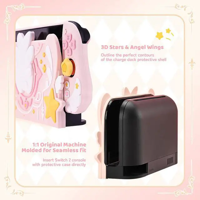 Alt view image 5 of 7 - Soft Silicone Faceplate Cover Compatible with Nintendo Switch 2 Charging Dock , Star Wings Series Soft Faceplate Protector - Anti-Scratch Dock Cover with Precise Cutouts (Pink)