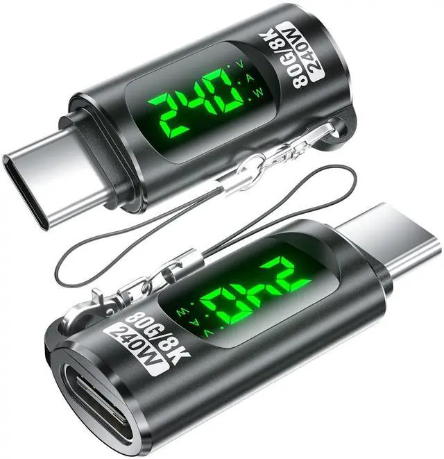 Main image of 240W USB C Adapter Power Meter Tester (2 Pack) - Voltage Current Power LED Digital Display, Type C Male to Female Extension Connector for iPhone 15/16, MacBook, iPad & More USBC Cables/Devices