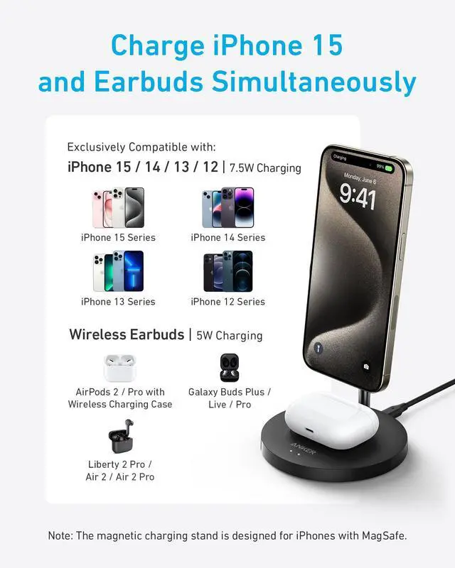Alt view image 3 of 7 - iPhone 16 Wireless Charging Stand, PowerWave 2-in-1 Magnetic Stand Lite with USB-C Cable, for iPhone 16/16 Pro/16 Plus/16 Pro Max/15/14/13 Series, AirPods 2/Pro (No AC Adapter)