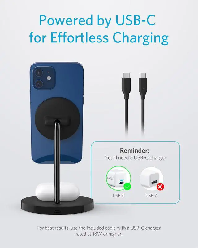 Alt view image 6 of 7 - iPhone 16 Wireless Charging Stand, PowerWave 2-in-1 Magnetic Stand Lite with USB-C Cable, for iPhone 16/16 Pro/16 Plus/16 Pro Max/15/14/13 Series, AirPods 2/Pro (No AC Adapter)