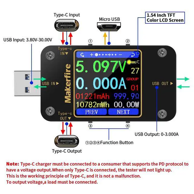 Alt view image 2 of 7 - USB Multimeter USB Voltmeter Ammeter Load Tester USB Voltage Current PD Battery Power Capacity Charger Type C Meter Tester LCD Display Cable Resistance QC2.0/3.0/4.0 N20 1.54 Inch Screen