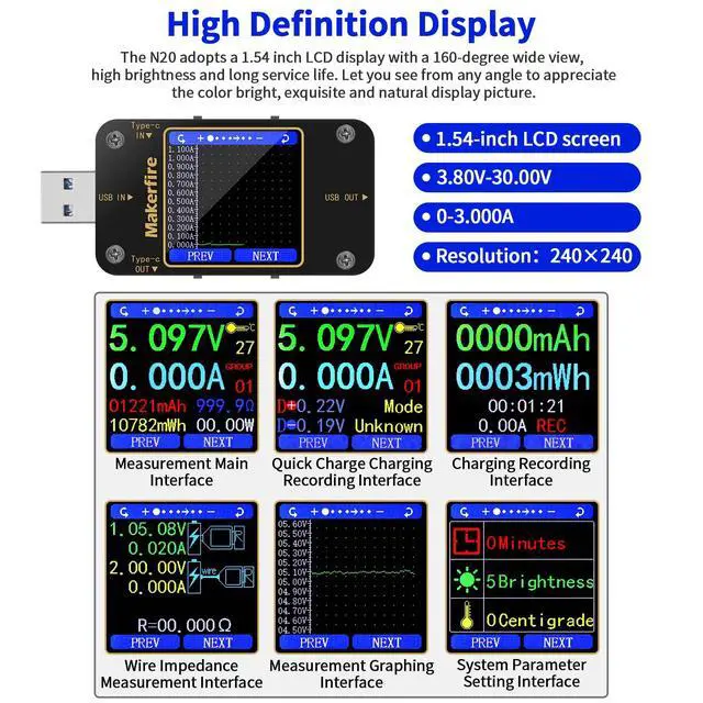Alt view image 3 of 7 - USB Multimeter USB Voltmeter Ammeter Load Tester USB Voltage Current PD Battery Power Capacity Charger Type C Meter Tester LCD Display Cable Resistance QC2.0/3.0/4.0 N20 1.54 Inch Screen