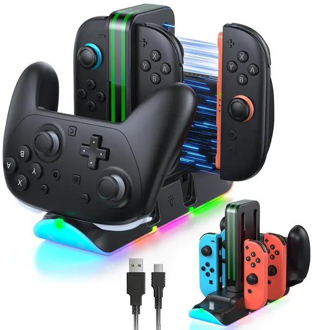 Main image of Charging Dock Compatible with Switch 2/1 for Joycon, Charging Stand for Switch 1/2 P Controller with 9 RGB Lighting, Magnetic Charging Storage Station with Charging Indicator and USB Cable