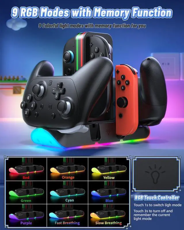 Alt view image 2 of 7 - Charging Dock Compatible with Switch 2/1 for Joycon, Charging Stand for Switch 1/2 P Controller with 9 RGB Lighting, Magnetic Charging Storage Station with Charging Indicator and USB Cable