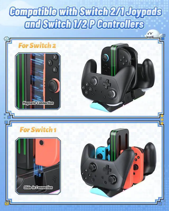 Alt view image 3 of 7 - Charging Dock Compatible with Switch 2/1 for Joycon, Charging Stand for Switch 1/2 P Controller with 9 RGB Lighting, Magnetic Charging Storage Station with Charging Indicator and USB Cable