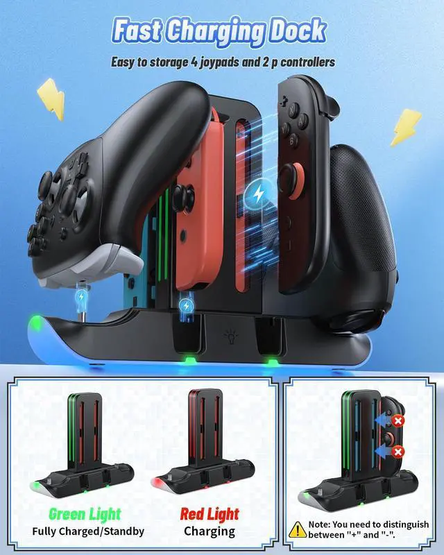 Alt view image 4 of 7 - Charging Dock Compatible with Switch 2/1 for Joycon, Charging Stand for Switch 1/2 P Controller with 9 RGB Lighting, Magnetic Charging Storage Station with Charging Indicator and USB Cable