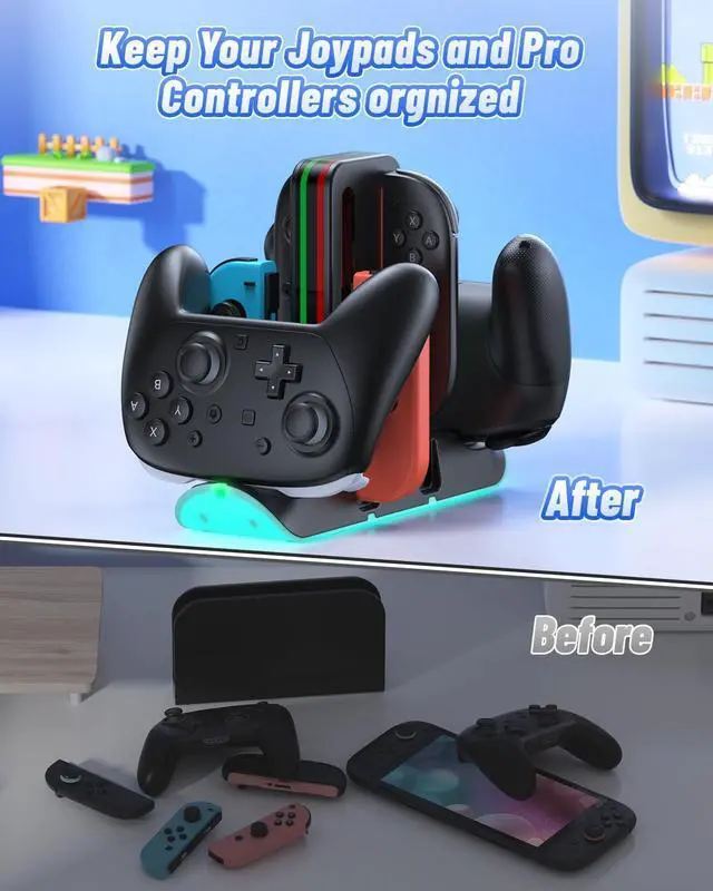 Alt view image 5 of 7 - Charging Dock Compatible with Switch 2/1 for Joycon, Charging Stand for Switch 1/2 P Controller with 9 RGB Lighting, Magnetic Charging Storage Station with Charging Indicator and USB Cable