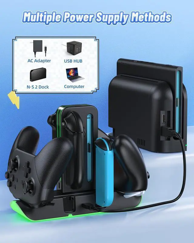 Alt view image 6 of 7 - Charging Dock Compatible with Switch 2/1 for Joycon, Charging Stand for Switch 1/2 P Controller with 9 RGB Lighting, Magnetic Charging Storage Station with Charging Indicator and USB Cable