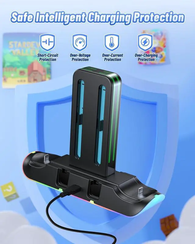 Alt view image 7 of 7 - Charging Dock Compatible with Switch 2/1 for Joycon, Charging Stand for Switch 1/2 P Controller with 9 RGB Lighting, Magnetic Charging Storage Station with Charging Indicator and USB Cable