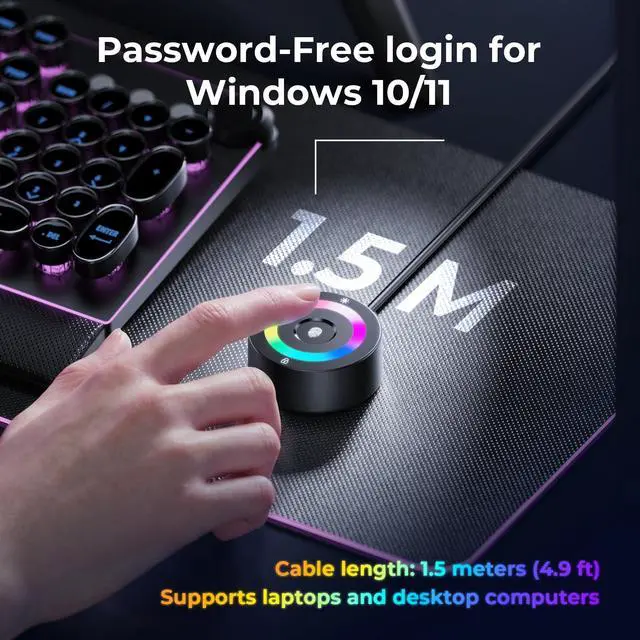 Alt view image 5 of 7 - USB Fingerprint Reader for Windows 11/10 ONLY, RGB Windows Hello Fingerprint Scanner for PC Login, Touch Lock & Unlock, Match-in-Sensor Security, Plug & Play, 4ft Cable (Not for Mac/Linux)