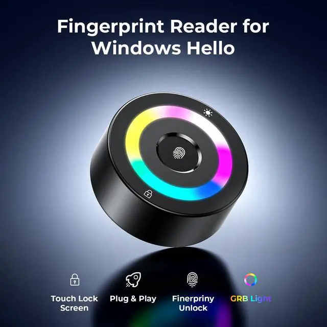 Alt view image 2 of 7 - USB Fingerprint Reader for Windows 11/10 ONLY, RGB Windows Hello Fingerprint Scanner for PC Login, Touch Lock & Unlock, Match-in-Sensor Security, Plug & Play, 4ft Cable (Not for Mac/Linux)