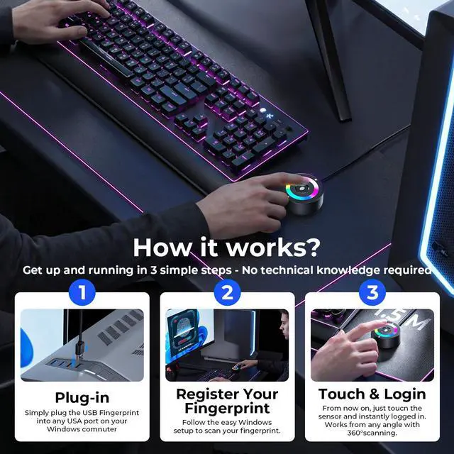 Alt view image 7 of 7 - USB Fingerprint Reader for Windows 11/10 ONLY, RGB Windows Hello Fingerprint Scanner for PC Login, Touch Lock & Unlock, Match-in-Sensor Security, Plug & Play, 4ft Cable (Not for Mac/Linux)