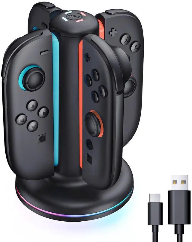 Main image of Magnetic Charging Station Compatible with Nintendo Switch 2, 4-in-1 Fast Charging Dock for Joy-Con Controllers, Dual-Direction Design with 9 RGB Lights, Overcharge Protection & USB-C Cable