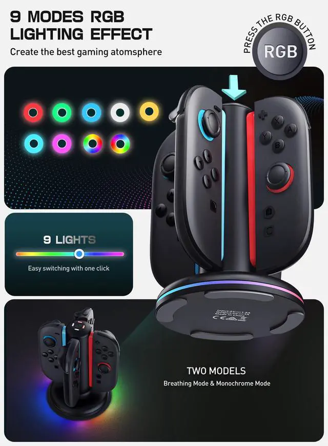 Alt view image 3 of 7 - Magnetic Charging Station Compatible with Nintendo Switch 2, 4-in-1 Fast Charging Dock for Joy-Con Controllers, Dual-Direction Design with 9 RGB Lights, Overcharge Protection & USB-C Cable