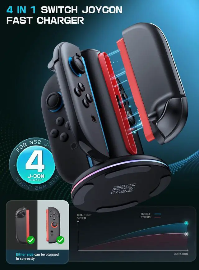 Alt view image 2 of 7 - Magnetic Charging Station Compatible with Nintendo Switch 2, 4-in-1 Fast Charging Dock for Joy-Con Controllers, Dual-Direction Design with 9 RGB Lights, Overcharge Protection & USB-C Cable