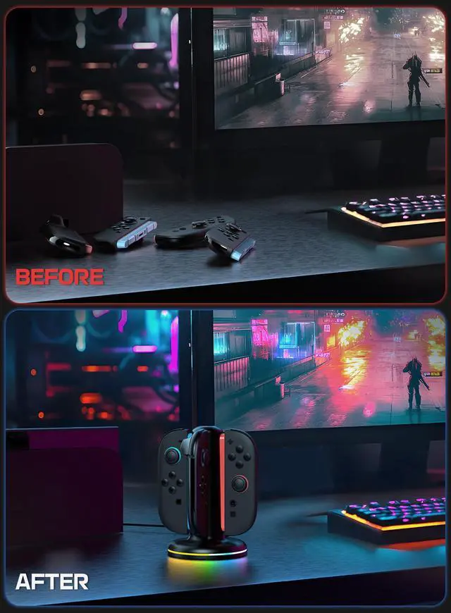Alt view image 7 of 7 - Magnetic Charging Station Compatible with Nintendo Switch 2, 4-in-1 Fast Charging Dock for Joy-Con Controllers, Dual-Direction Design with 9 RGB Lights, Overcharge Protection & USB-C Cable