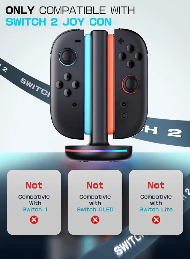 Alt view image 6 of 7 - Magnetic Charging Station Compatible with Nintendo Switch 2, 4-in-1 Fast Charging Dock for Joy-Con Controllers, Dual-Direction Design with 9 RGB Lights, Overcharge Protection & USB-C Cable