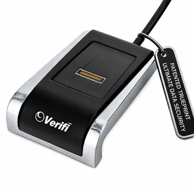 Main image of P2000 Desktop USB Fingerprint Reader, PASSKEY, Windows Hello-Compatible Fingerprint Reader, Aluminum Finish, Black/Silver