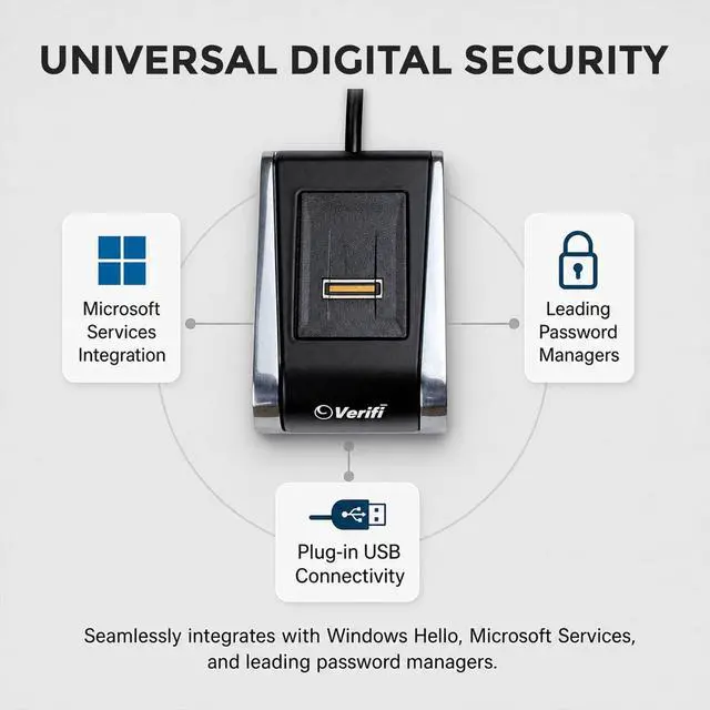 Alt view image 2 of 7 - P2000 Desktop USB Fingerprint Reader, PASSKEY, Windows Hello-Compatible Fingerprint Reader, Aluminum Finish, Black/Silver