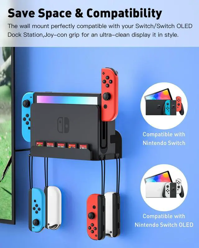 Alt view image 2 of 7 - Wall Mount for Nintendo Switch 1 and Switch OLED, Metal Wall Mount Shelf Kit with 5 Game Card Holders and 4 Joy Con Hooks, Safely Store Switch Console Near or Behind TV, Black